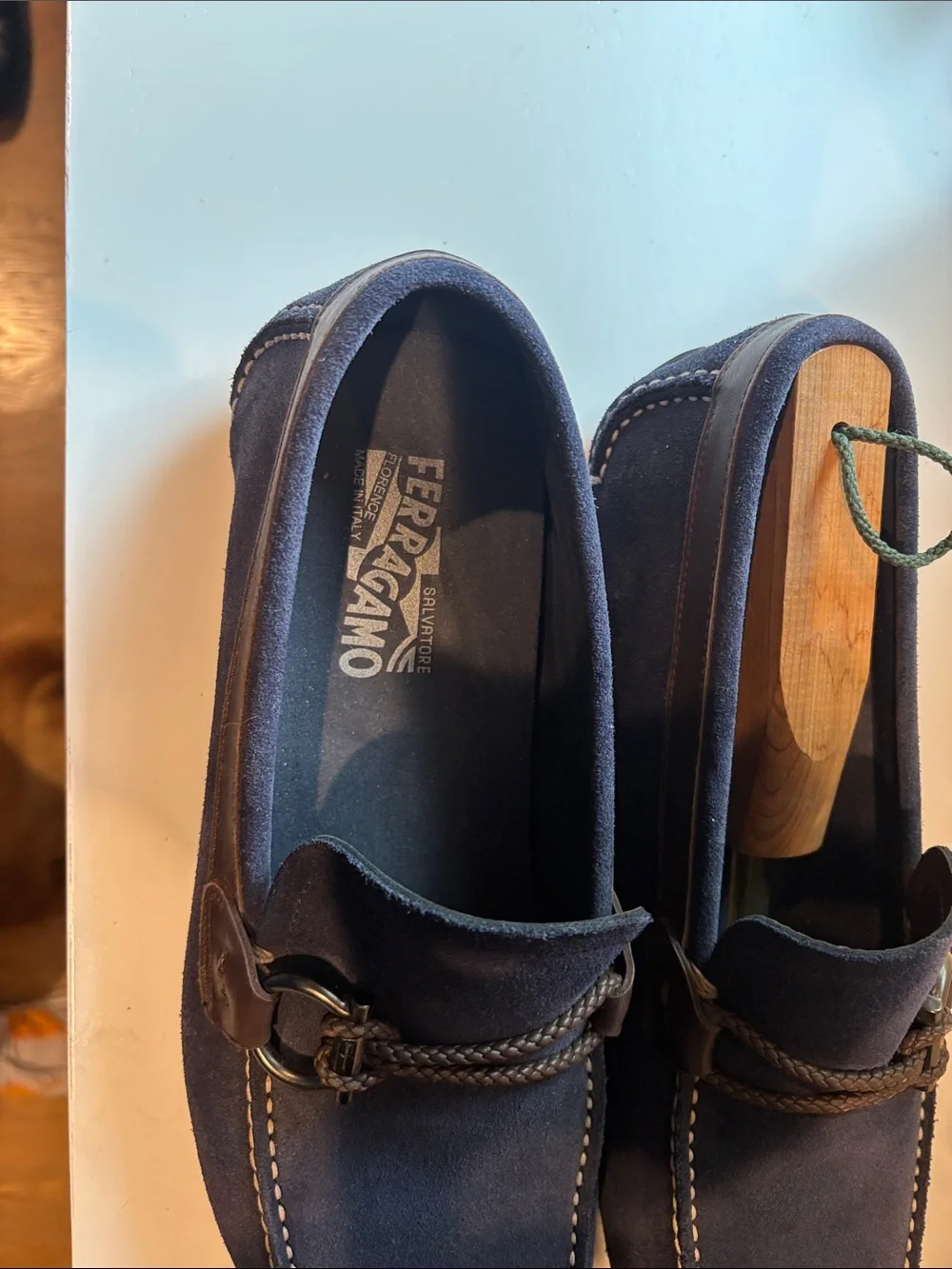Salvatore Ferragamo Navy Suede Moccasin Loafers with Brown Trim